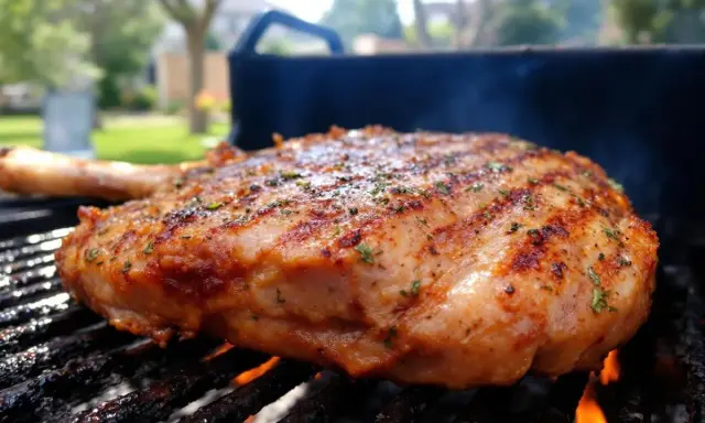 Gigot d'agneau au barbecue, grillé à la perfection, avec des herbes aromatiques et des marques de grill. La viande est juteuse et dorée, prête à être dégustée.