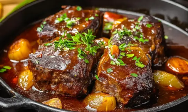 Quatre morceaux de joue de bœuf braisée, nappés d'une sauce riche et garnie de persil frais, mijotent dans une poêle en fonte avec des oignons caramélisés.