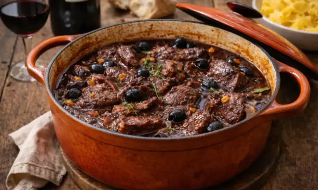Un plat mijoté de daube de boeuf, garni d'olives noires et de thym, dans une cocotte en fonte orange.