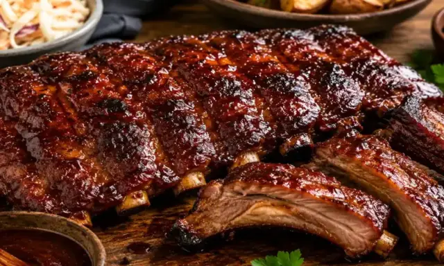Un plat appétissant de travers de porc glacés, servi avec une salade de chou et des pommes de terre rôties.