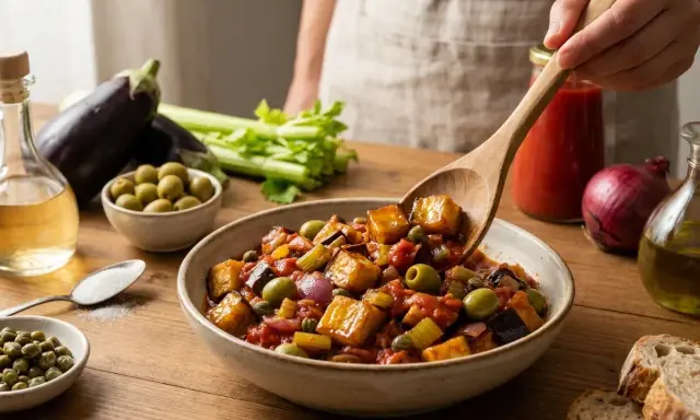 Un plat coloré de caponata, une recette sicilienne savoureuse avec aubergines, olives et tomates.