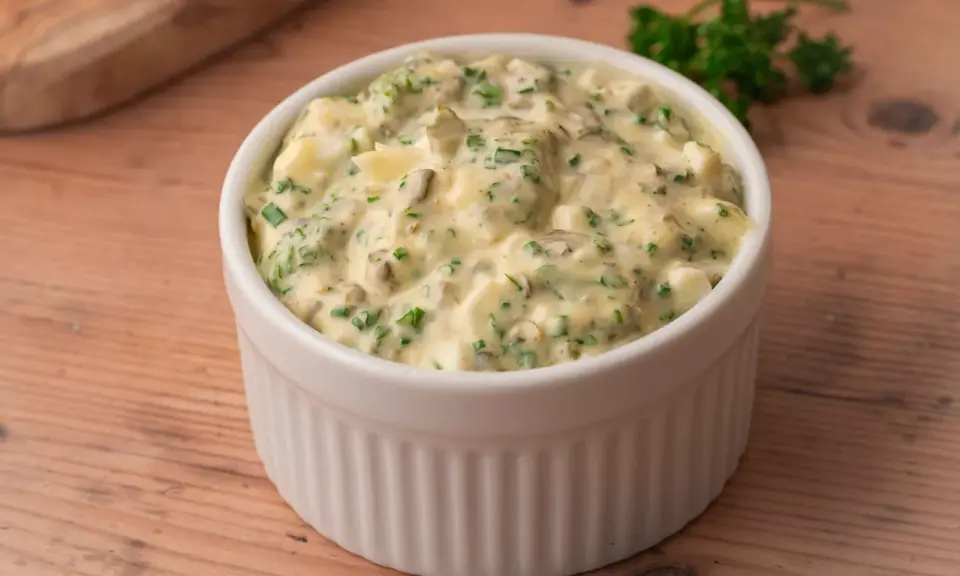 Sauce pour viande froide crémeuse avec des morceaux d'œufs durs et des herbes fraîches, servie dans un ramequin blanc sur une table en bois.