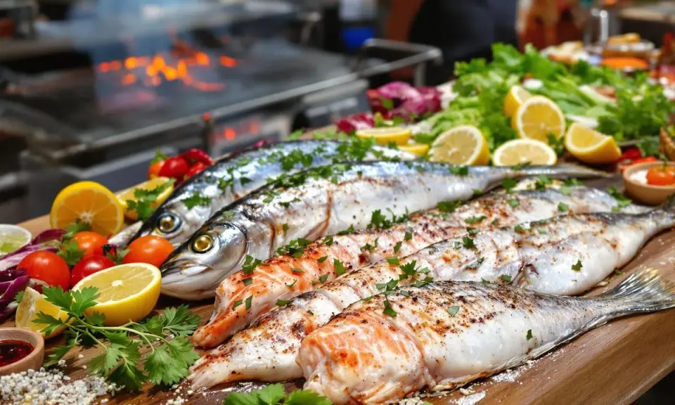 Poissons entiers et filets prêts pour le barbecue, accompagnés de citrons, tomates et herbes fraîches. Un délice en perspective !