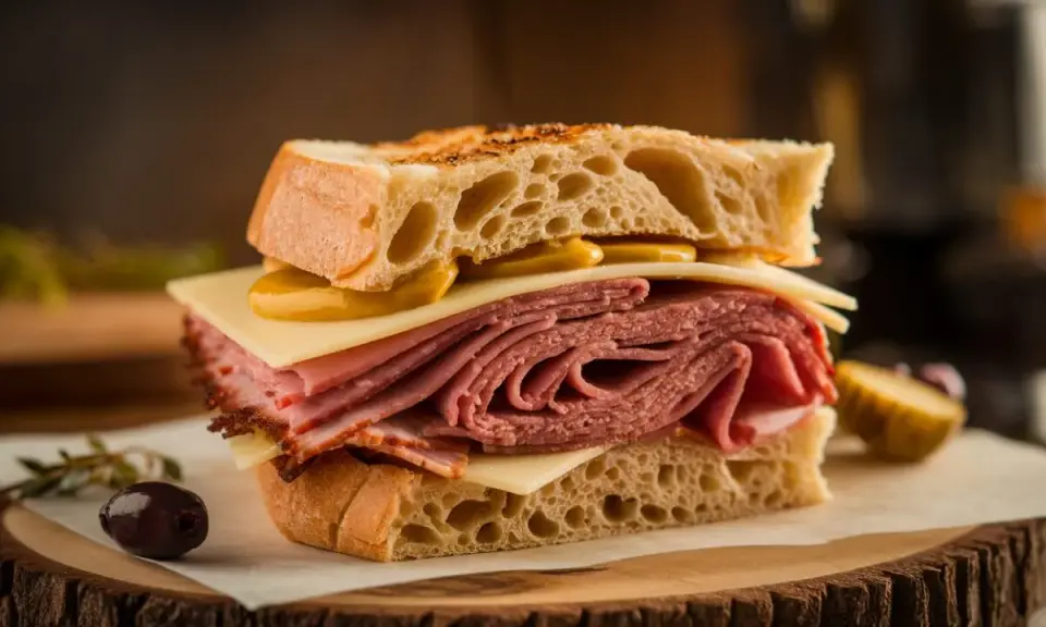 Un généreux sandwich au pastrami, fromage et moutarde, prêt à être dégusté. Une recette simple et savoureuse.
