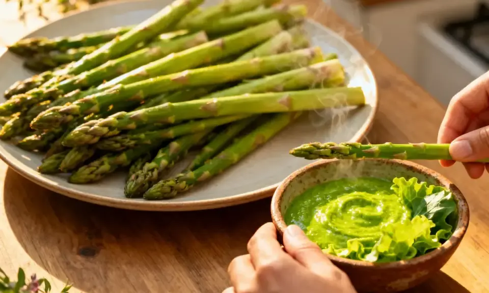 Une main trempe une asperge dans une sauce verte onctueuse, parfaite pour une recette sauce asperges. Des asperges cuites à la vapeur sont sur une assiette à côté.