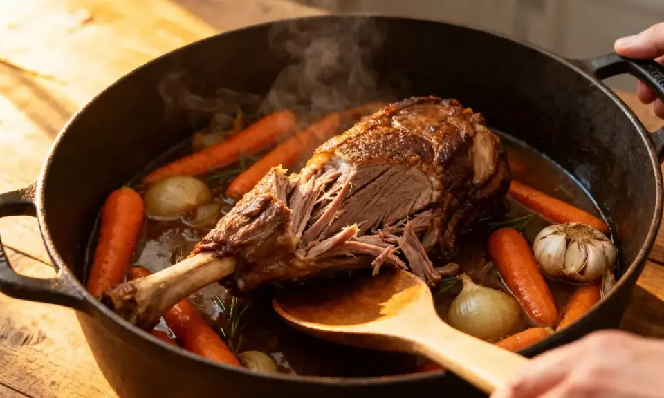 Un tendre agneau de 7 heures mijote dans une cocotte avec carottes, oignons et ail. La viande se détache facilement de l'os, signe d'une cuisson parfaite.