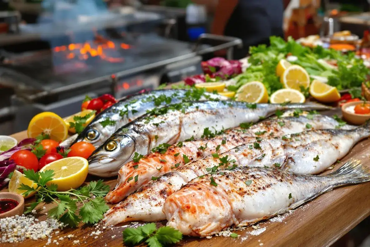 Poissons entiers et filets prêts pour le barbecue, accompagnés de citrons, tomates et herbes fraîches. Un délice en perspective !