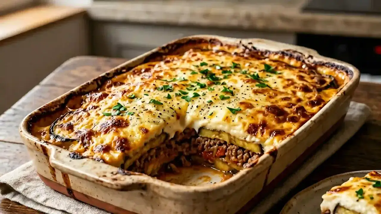 Un plat de moussaka gratiné, prêt à être dégusté. Une recette réconfortante avec des couches d'aubergines, de viande hachée et de béchamel.