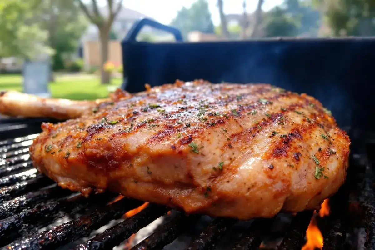 Gigot d'agneau au barbecue, grillé à la perfection, avec des herbes fraîches. La viande est juteuse et dorée, prête à être dégustée.