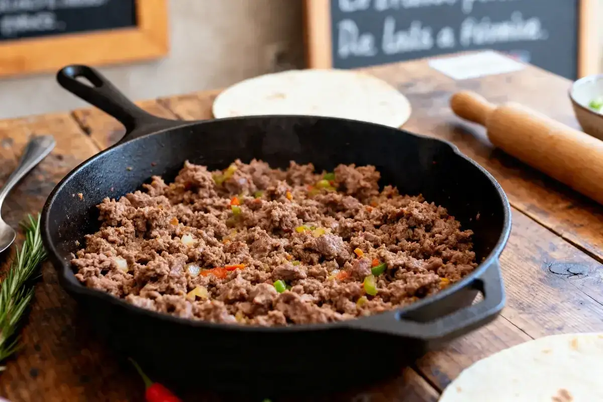 Poêlée de bœuf haché et légumes, prête pour une délicieuse recette fajitas boeuf.