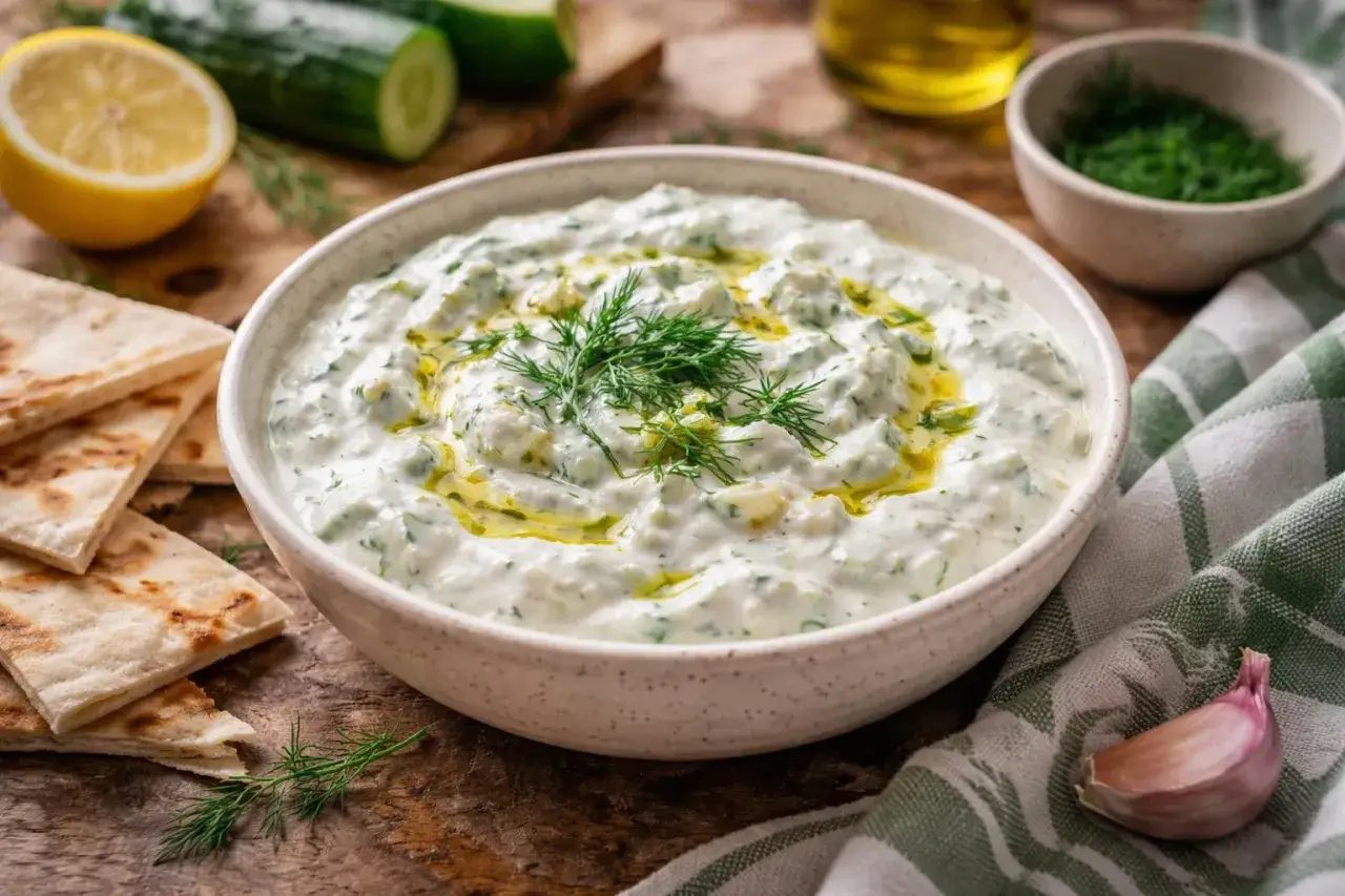 Sauce tzatziki cr&eacute;meuse, garnie d'aneth frais et d'huile d'olive, servie avec du pain pita, du concombre et du citron.