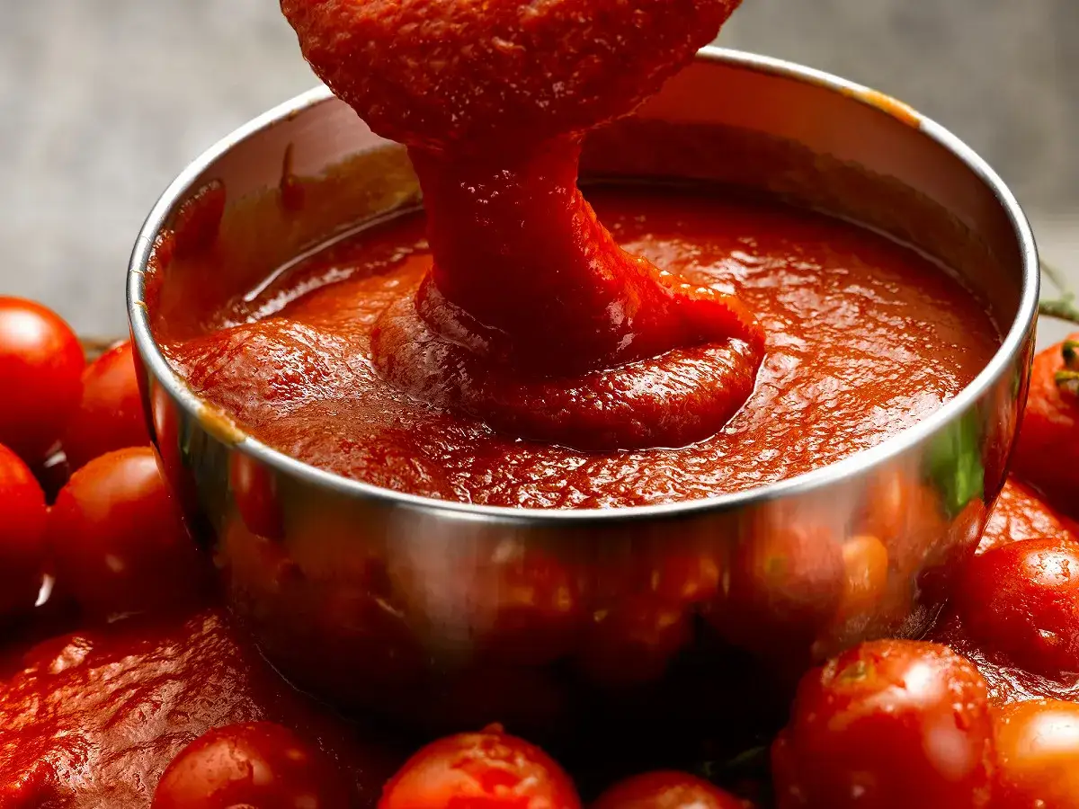 Un coulis de tomates onctueux est versé dans un bol en métal, entouré de tomates fraîches.