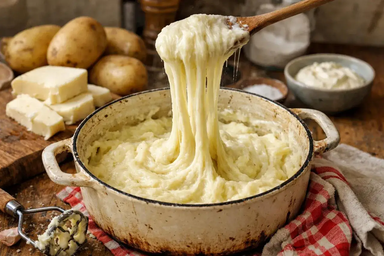 Une cuill&egrave;re soul&egrave;ve un aligot filant d'une cocotte. Pommes de terre et fromage &agrave; c&ocirc;t&eacute;.