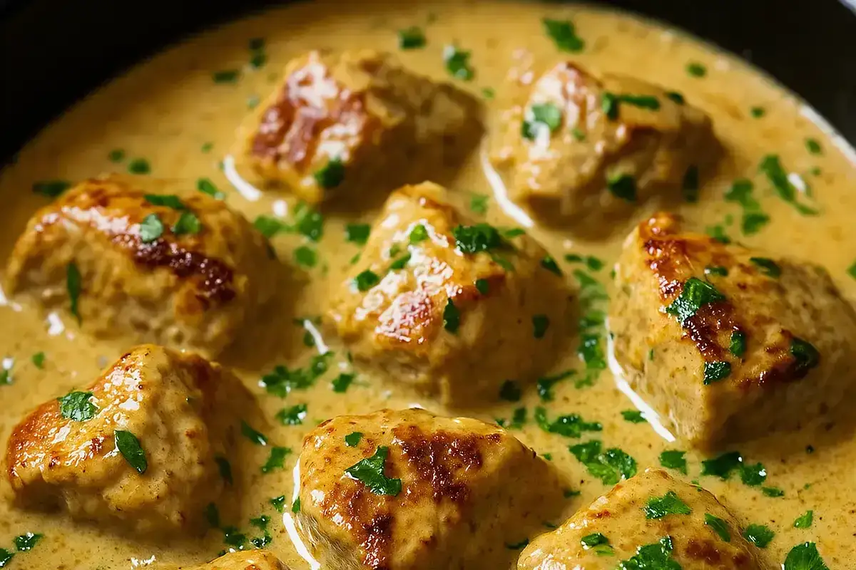 Délicieux saute de porc en sauce crémeuse, parsemé de persil frais. Un plat réconfortant et savoureux.