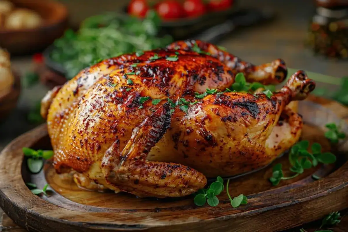 Un poulet rôti doré et appétissant, garni de persil frais. Parfait pour des recettes avec poulet savoureuses.