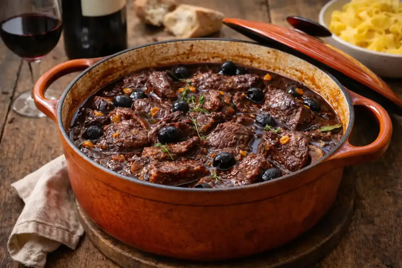 Un plat mijoté de daube de boeuf aux olives, servi dans une cocotte en fonte, avec du pain et du vin rouge.