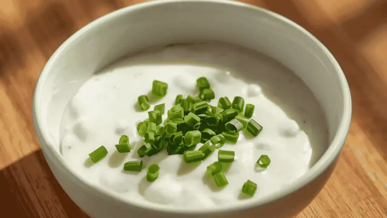 Sauce onctueuse à base de fromage blanc, parsemée de ciboulette fraîche ciselée. Un délice simple et savoureux.