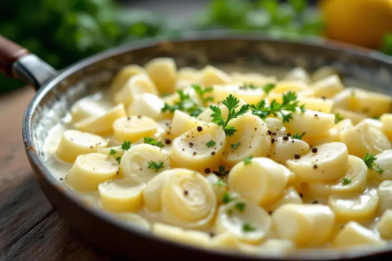 Délicieuse fondue de poireaux crémeuse, garnie de persil frais et de grains de poivre noir, servie dans une poêle.
