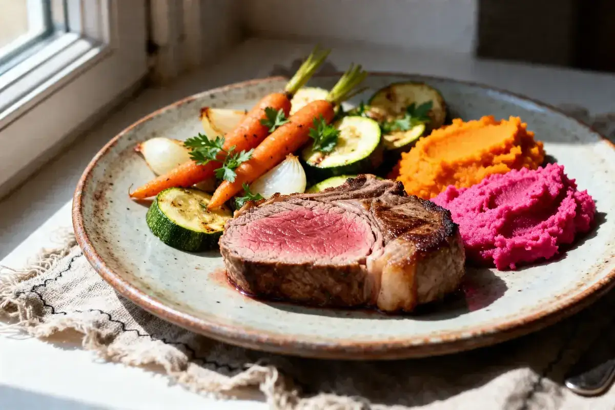 Un steak saignant, carottes rôties, courgettes grillées et purées colorées. Le plat parfait pour une expérience culinaire inoubliable, avec une sauce qui promet d'être la meilleur sauce pour steak.