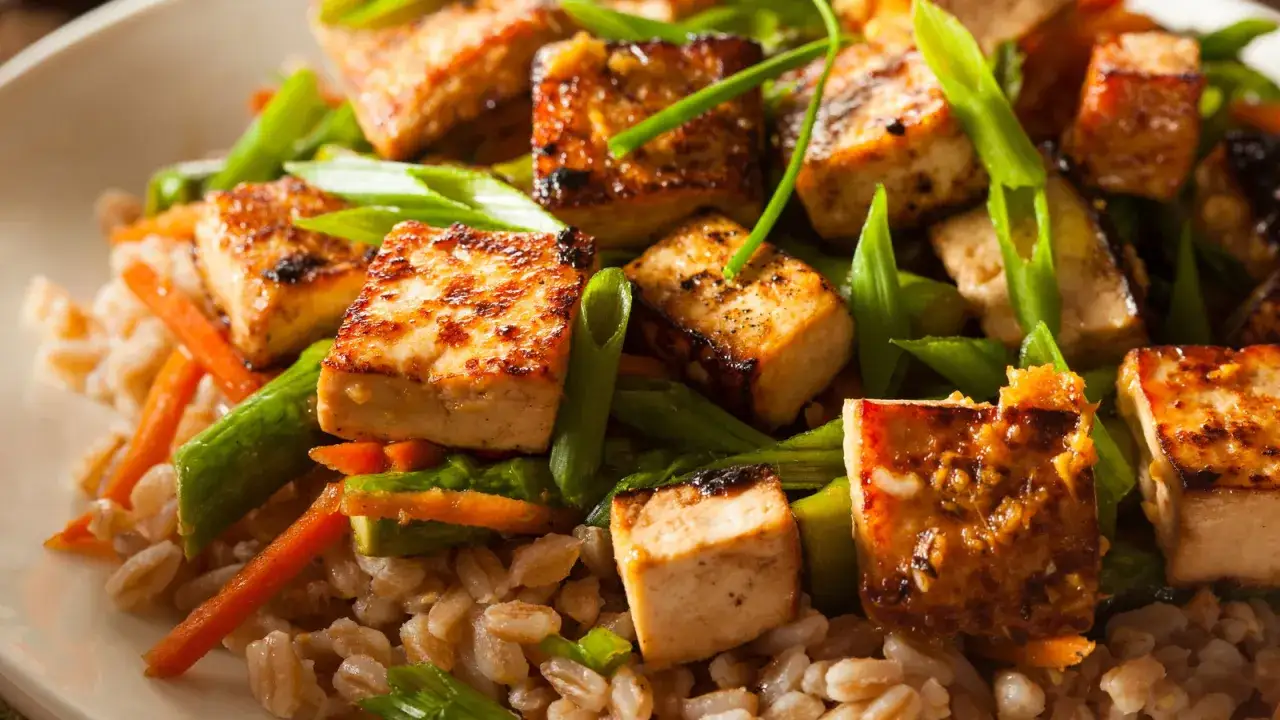 D&eacute;licieux cubes de tofu grill&eacute; sur un lit de grains, accompagn&eacute;s de carottes et d'oignons verts. Une recette tofu parfaite pour un repas sain et savoureux.