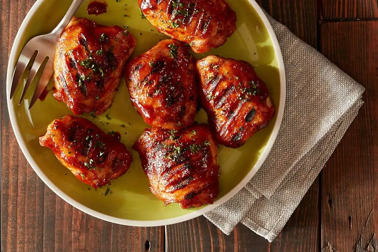 Cinq hauts de cuisse de poulet grillés, nappés d'une sauce barbecue brillante et saupoudrés d'herbes, sur une assiette verte.
