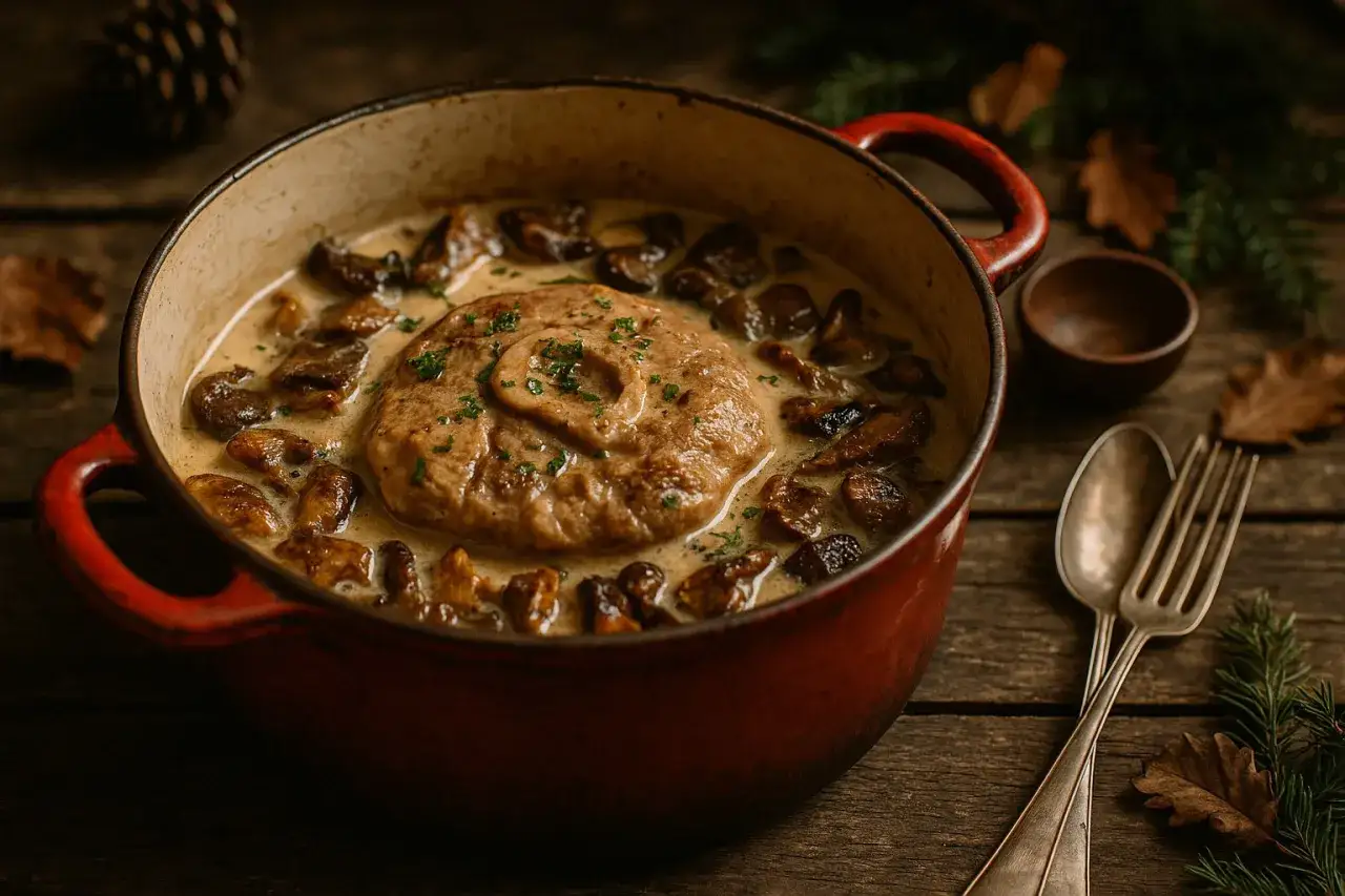 Un plat réconfortant d'osso bucco de dinde mijoté avec des champignons dans une sauce crémeuse, servi dans une cocotte rouge sur une table en bois rustique.