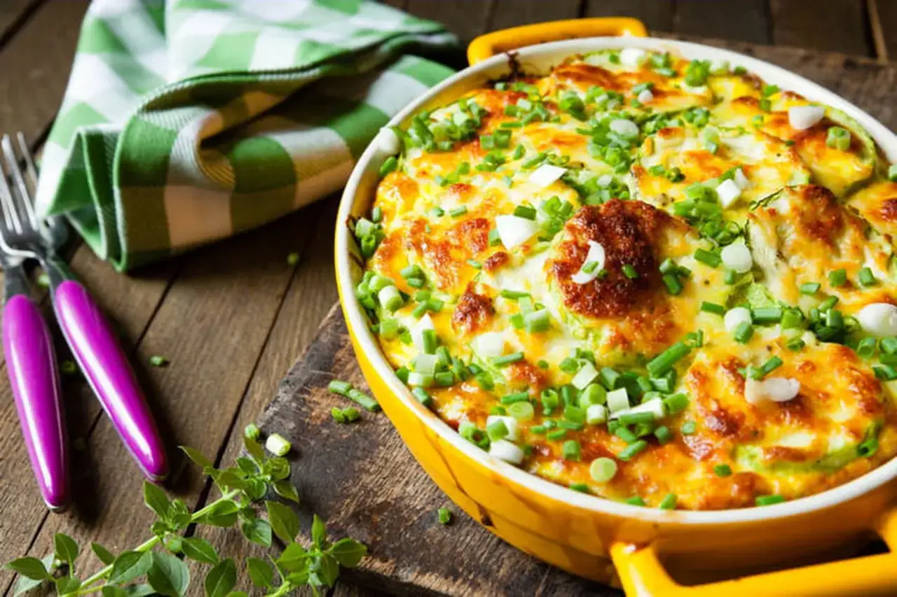 Un gratin de courgettes à l'ancienne, doré et garni de ciboule fraîche, prêt à être dégusté.