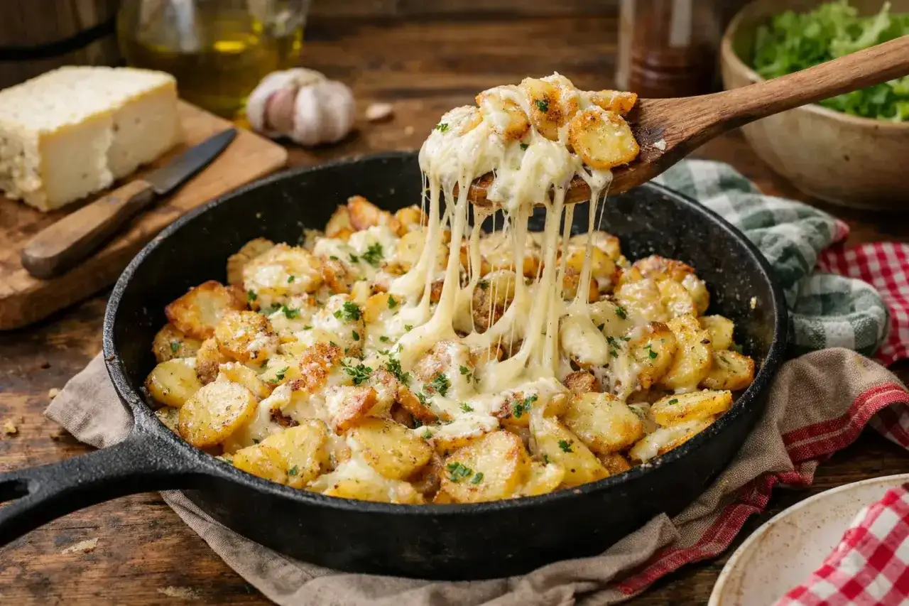 Une po&ecirc;le de truffade fumante, avec des pommes de terre dor&eacute;es et du fromage filant. Une recette r&eacute;confortante &agrave; partager.