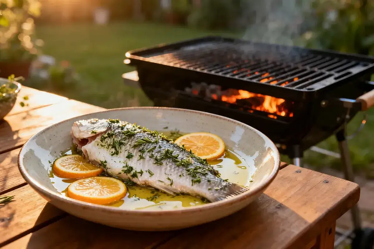 Poisson entier, assaisonné d'herbes et de rondelles d'orange, prêt pour la cuisson à la plancha sur un barbecue en plein air.