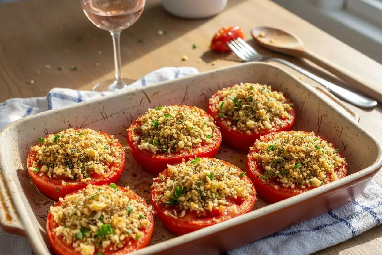 Six tomates provençales garnies d'une chapelure dorée et d'herbes fraîches, prêtes à être dégustées. Un verre de rosé et des couverts sont à proximité.