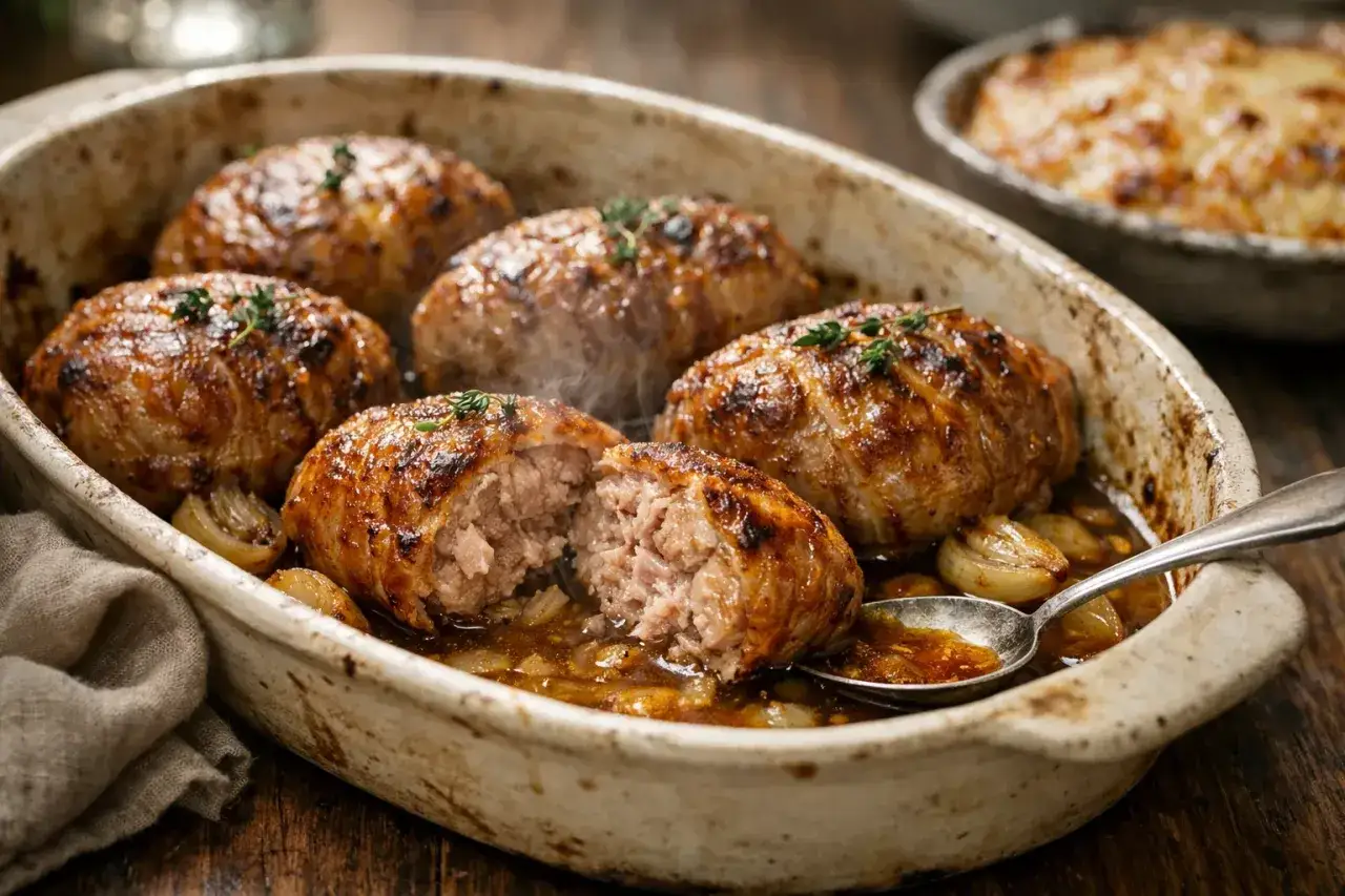 Six savoureuses crepinettes de porc dorées, servies dans un plat en céramique avec des oignons caramélisés et une sauce riche.