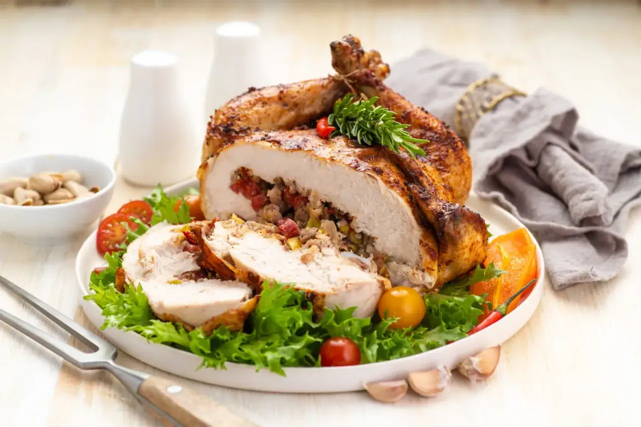 Un délicieux poulet rôti farci, garni de légumes frais et d'herbes, prêt à être dégusté.