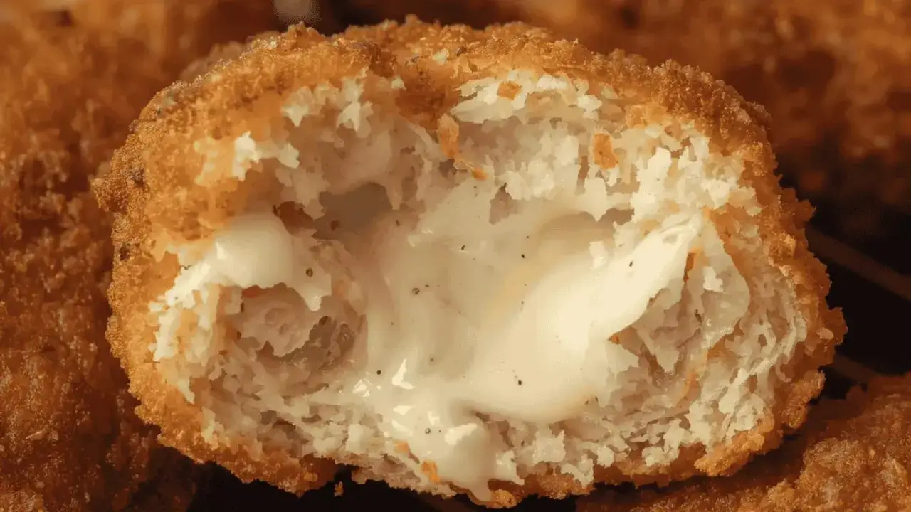 Un cordon bleu croustillant, coupé en deux, révèle un cœur fondant et crémeux.