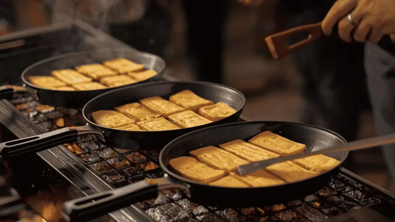 Des tranches de fromage fondent dans des poêles sur un raclette barbecue. Un ustensile en bois retourne délicatement le fromage.
