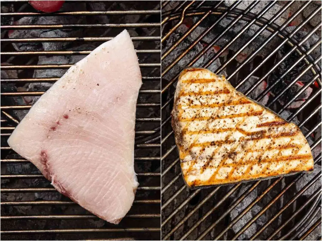 Un steak d'espadon cru à gauche, et un espadon grillé avec des marques de cuisson parfaites à droite, sur un barbecue.