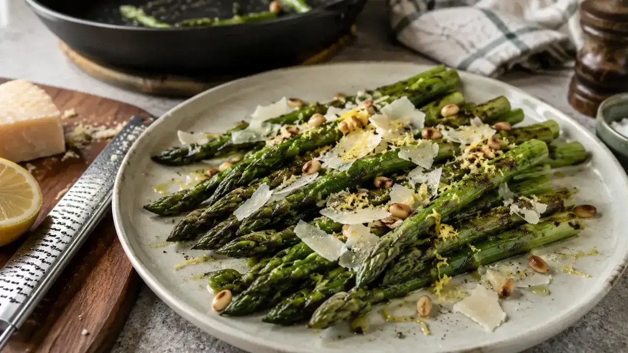 Asperges vertes grillées, parsemées de copeaux de parmesan, pignons de pin et zeste de citron. Une recette simple et savoureuse.