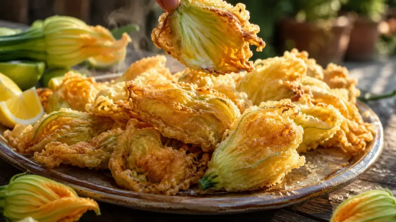 Une assiette de beignets de fleurs de courgettes dorés et croustillants, servis avec des quartiers de citron.