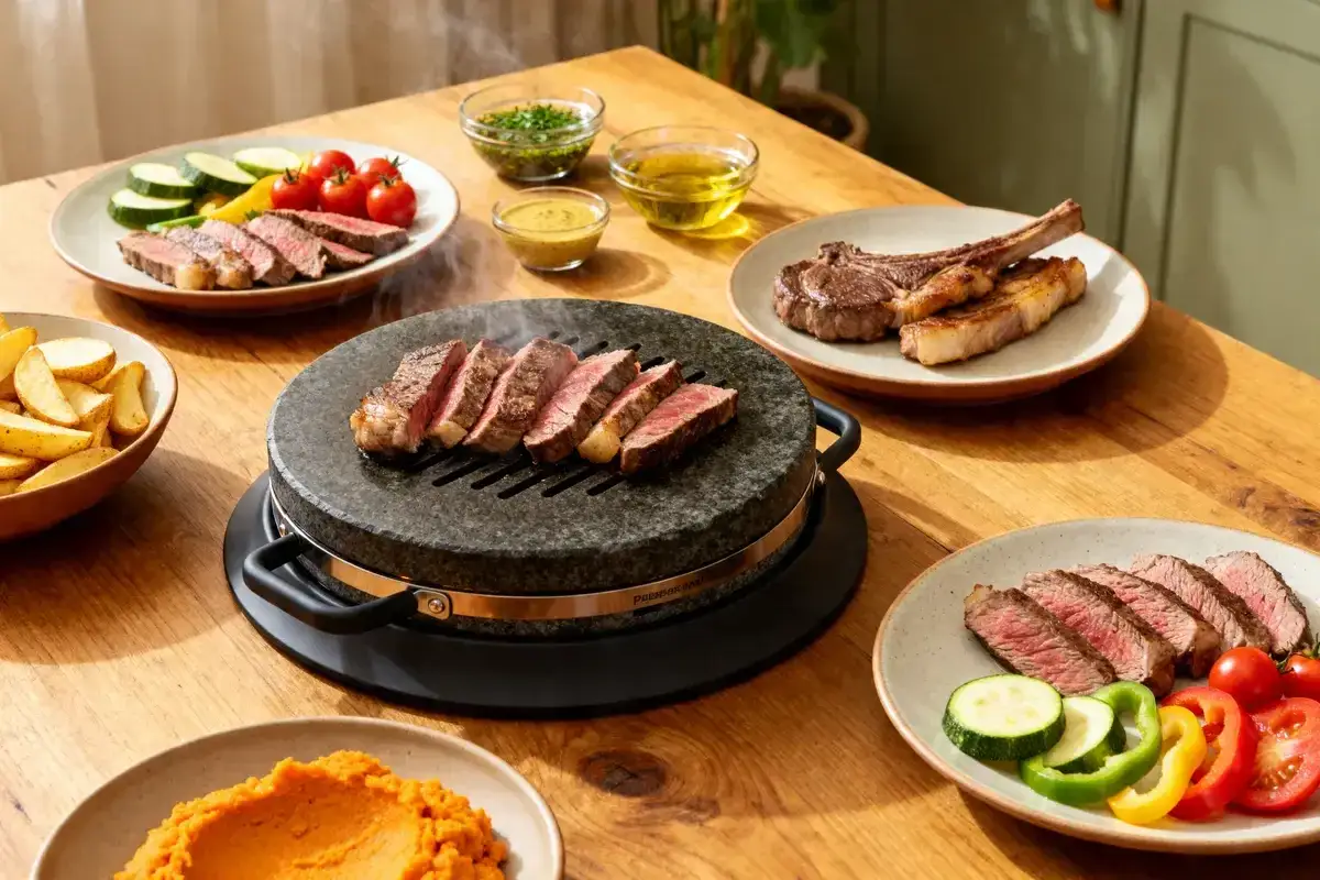 Une table dressée pour un repas convivial : viandes grillées sur pierrade, accompagnées de légumes frais, frites et d'une délicieuse sauce pierrade maison.