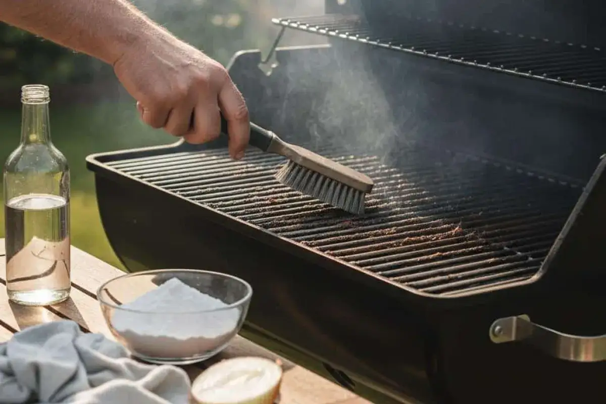 Préparation pour faire un barbecue : une main brosse la grille chaude, à côté d'une bouteille de liquide et d'un bol de poudre blanche.