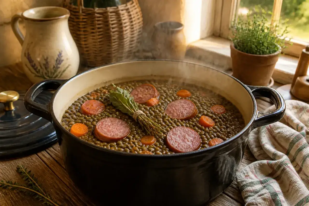 Un plat fumant de saucisses lentilles, garni de carottes et d'herbes, mijote dans une cocotte en fonte.