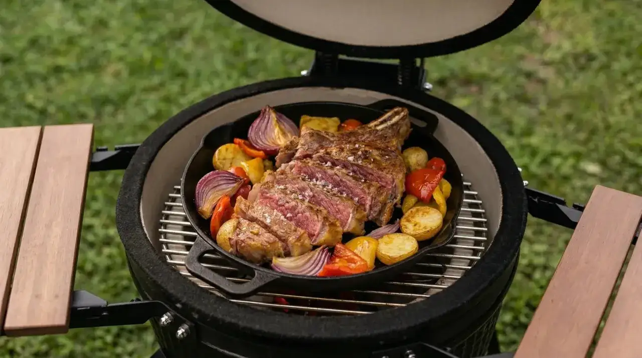 Côte de bœuf juteuse, coupée en tranches, cuisant sur une plancha avec des pommes de terre, des oignons rouges et des poivrons dans un barbecue.