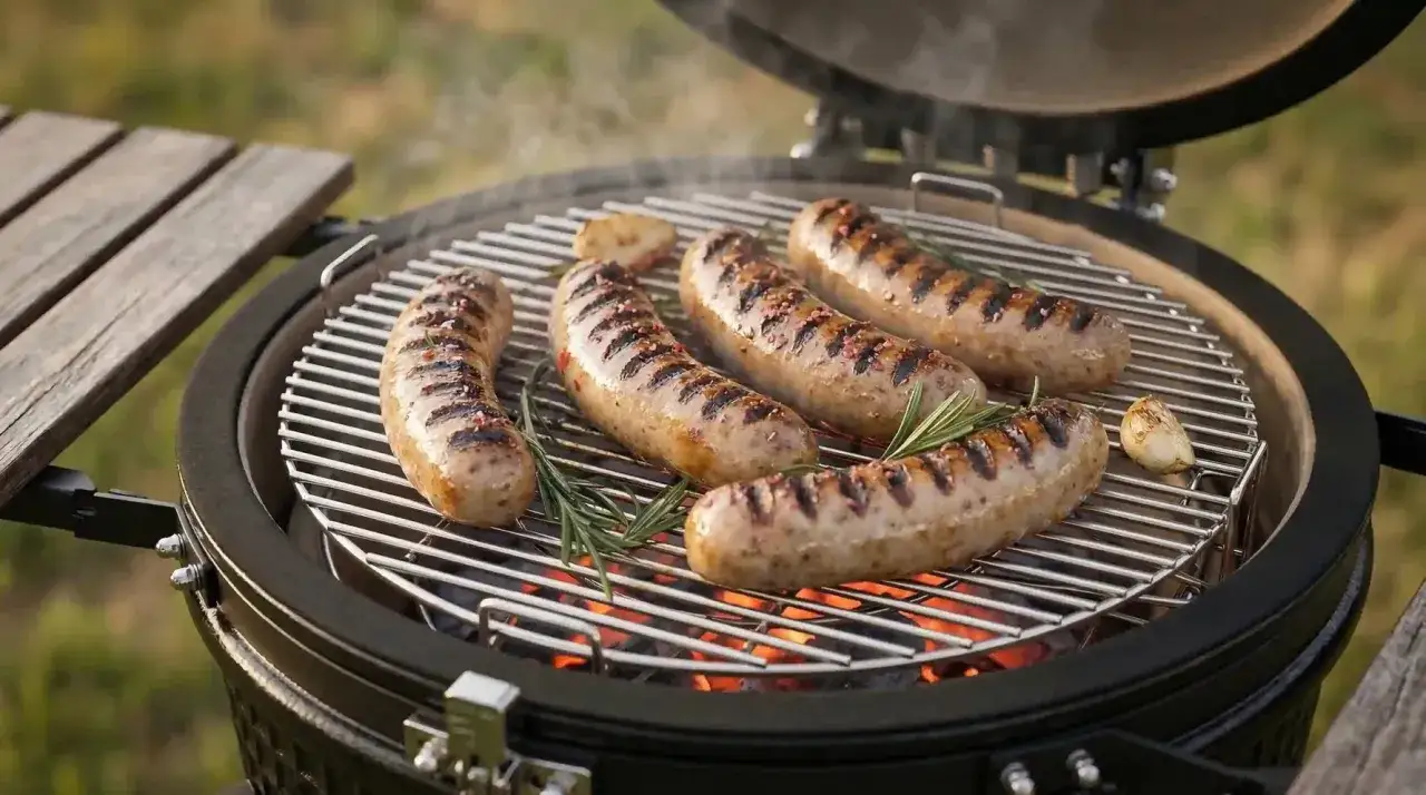Cinq saucisses à la plancha grillent sur un barbecue, avec des brins de romarin et une tête d'ail.