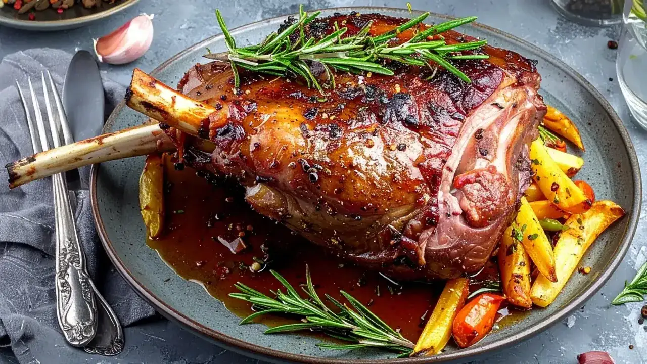 Gigot d'agneau rôti, nappé d'une sauce savoureuse, servi avec des pommes de terre croustillantes et des herbes fraîches. Une recette parfaite pour un repas de fête.