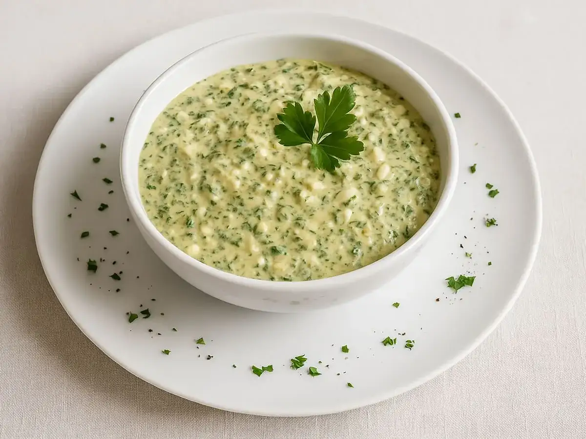 Un bol de sauce gribiche crémeuse, garni d'une feuille de persil frais, sur une assiette blanche.
