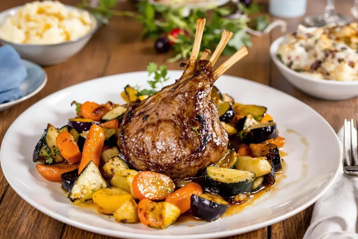 Gigot d'agneau rôti, servi avec un accompagnement coloré de légumes méditerranéens grillés : courgettes, aubergines et carottes.