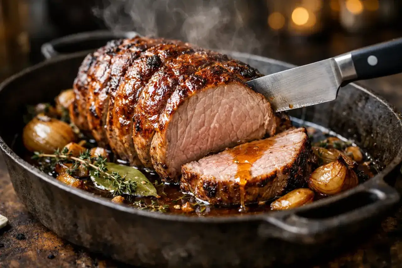 Une tranche de viande au four tendre et juteuse est coupée dans un rôti doré, baignant dans sa sauce avec des oignons et des herbes.