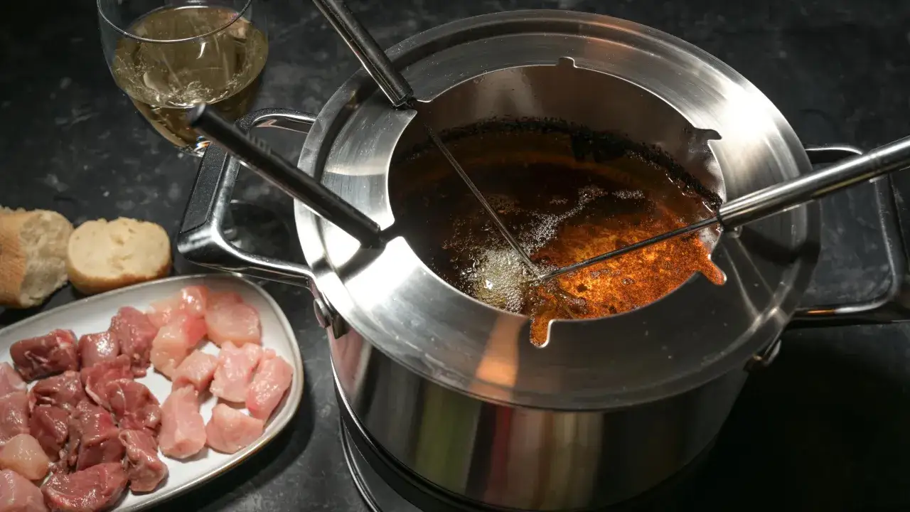 Préparation d'une fondue bourguignonne avec bouillon. Des morceaux de viande crue et du pain attendent d'être plongés dans le caquelon fumant.