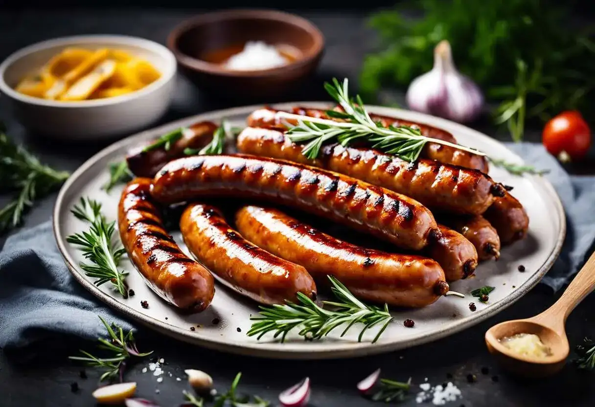 Assiette de saucisses grillées à la plancha, garnie de romarin frais. Parfait pour un barbecue.