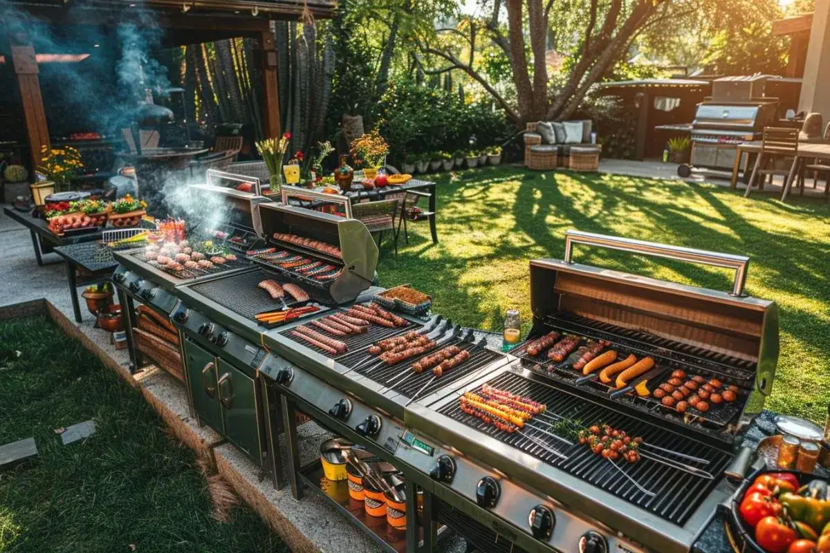 Un immense barbecue prêt pour un grand rassemblement. Des saucisses, des brochettes et des légumes grillent sur plusieurs grils, promettant un festin pour 20 personnes.