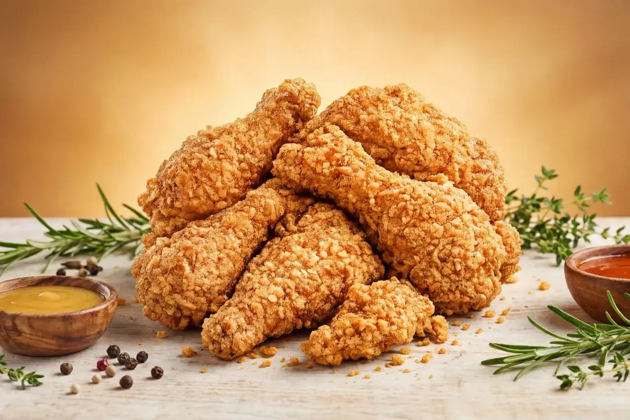Pile de délicieux nuggets maison croustillants, accompagnés de moutarde et d'une sauce tomate, sur un fond doré.